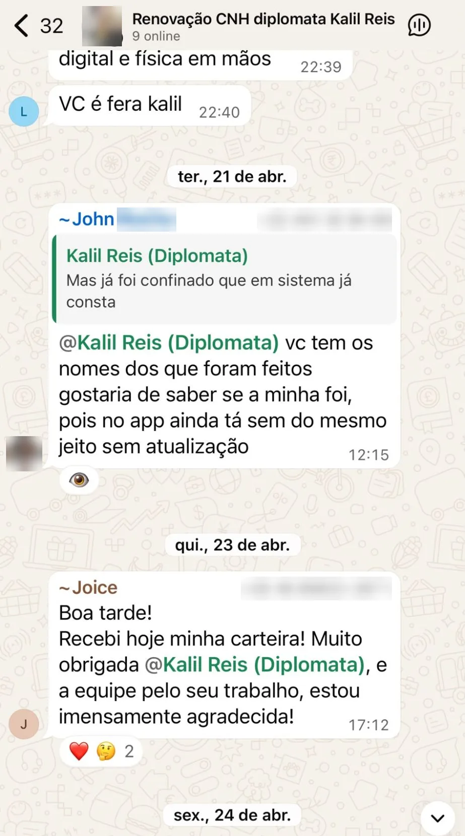 Print do WhatsApp: cliente agradece por ter recebido a carteira