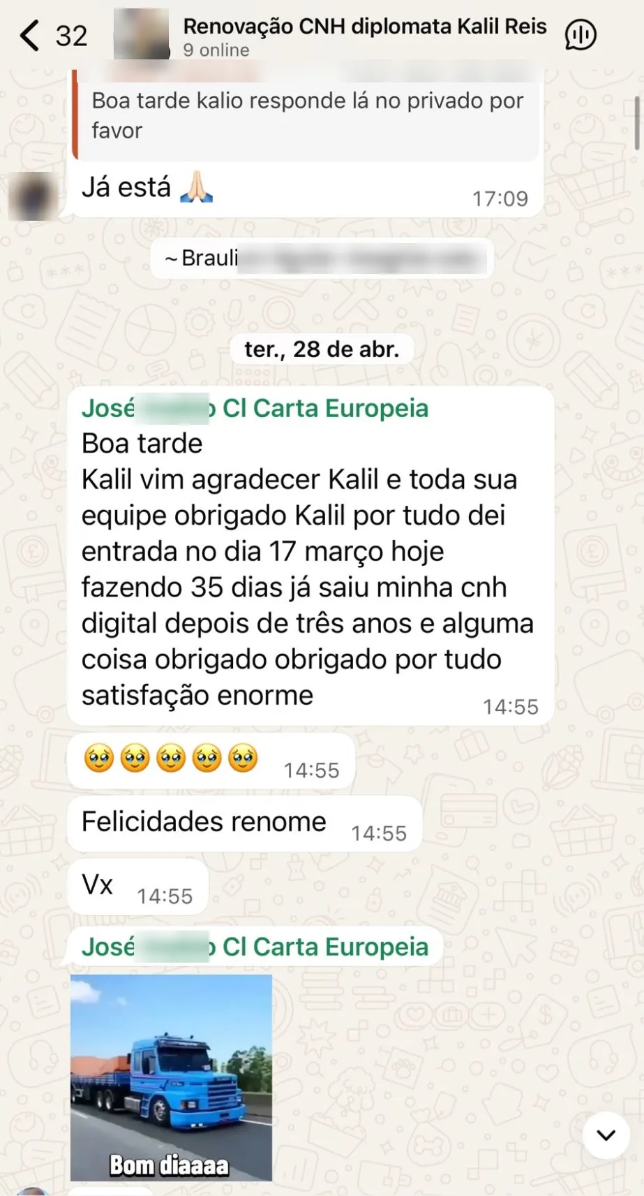 Print do WhatsApp: cliente conta que a CNH digital saiu em 35 dias