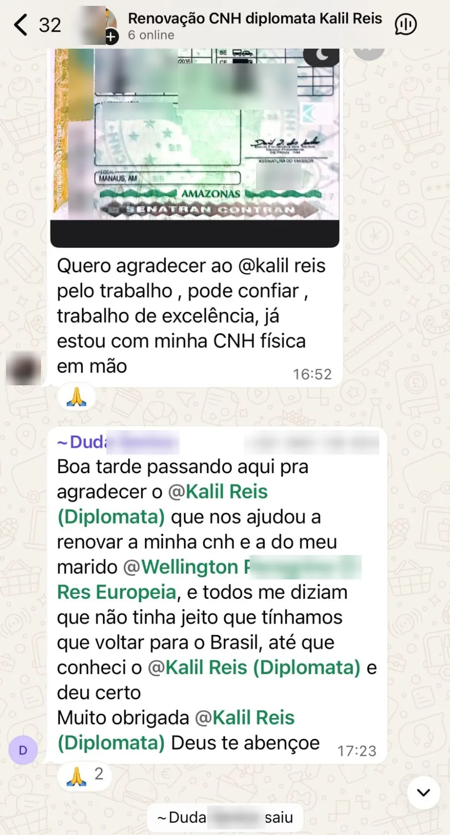 Print do WhatsApp: cliente agradece por renovar a CNH dela e a do marido sem voltar ao Brasil
