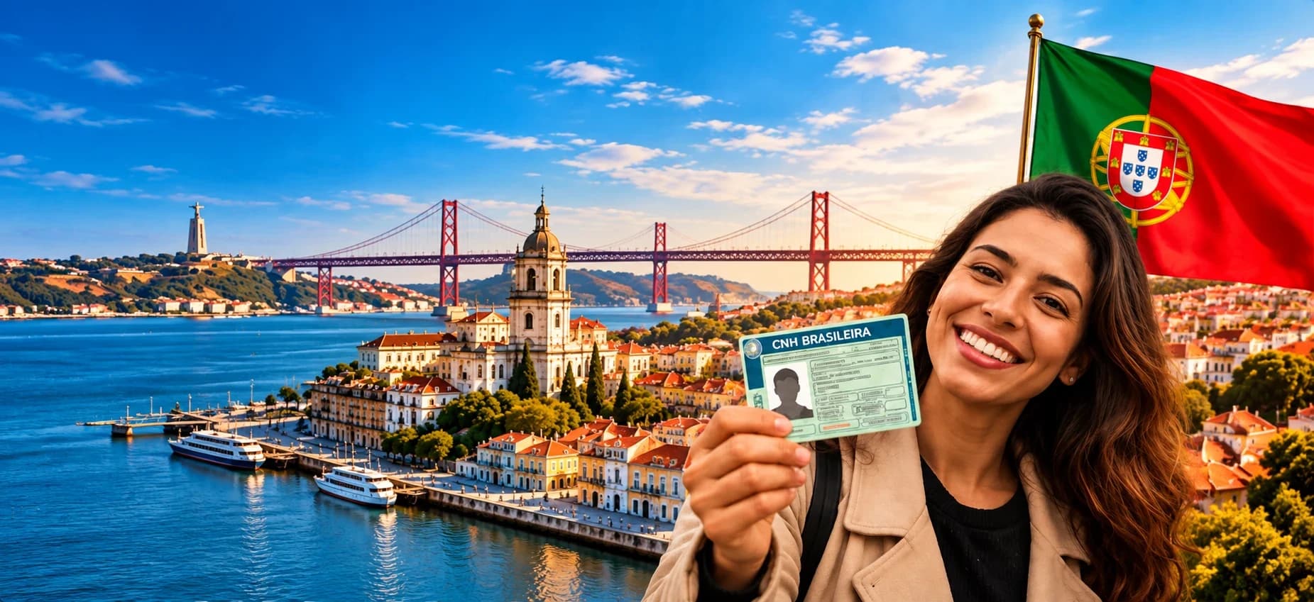 Brasileira sorrindo e segurando sua CNH renovada em Lisboa, com a bandeira de Portugal
